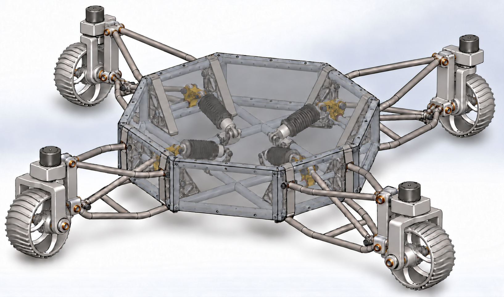 Shaded rover design with matching one-piece aluminum wheels, separate rectangular two-leg forks, aligned rear steering drives, and a translucent enclosure around the tubular chassis.