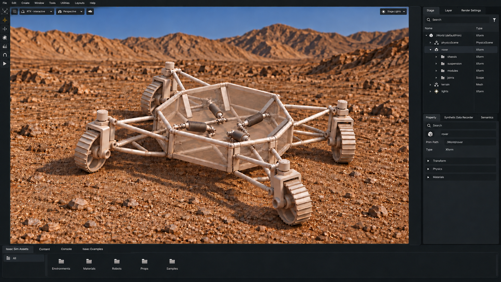 Four-wheel rover in an Isaac Sim rocky-terrain environment with Stage and Property panels.