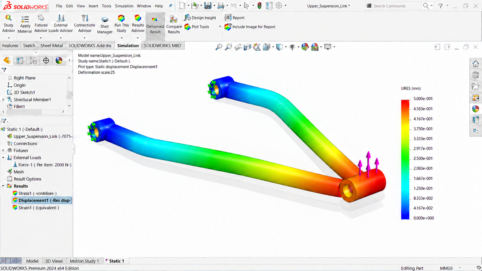 SolidWorks 2024 displacement view of an upper tubular suspension link, with two fixed blue chassis-side eyes and slight upward bending toward the red module-side joint.